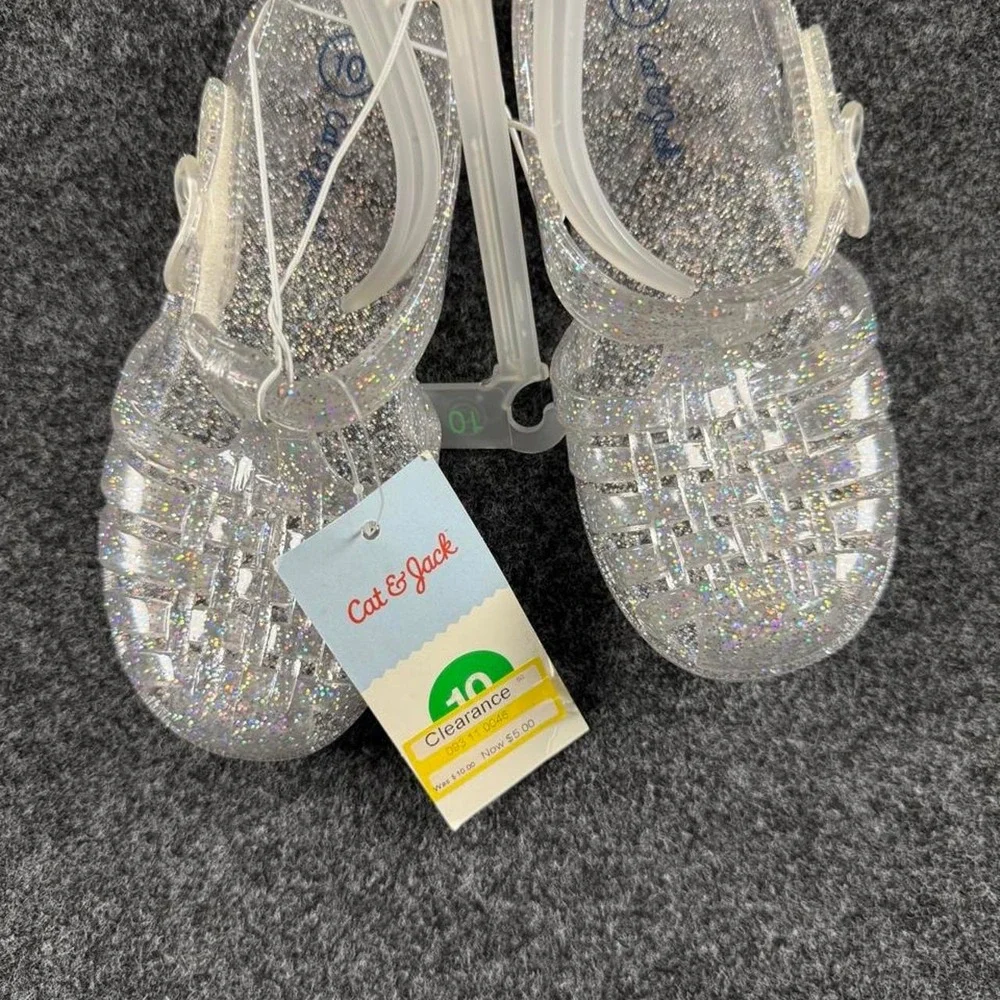 Cat & Jack silver glittery clogs with rainbow sparkles